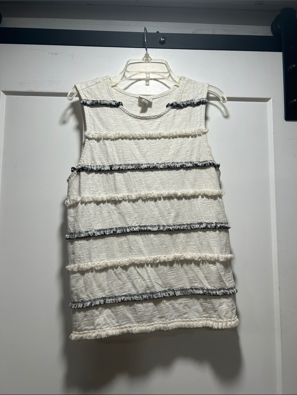 Fringed Cream Sleeveless Tank Top with Black Trim Accent